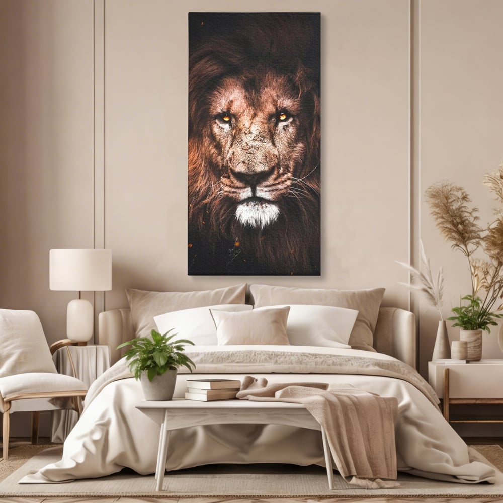 Tablou canvas cu tablou canvas cu leu, fara rama, pe sasiu de lemn, pe perete intr-un dormitor